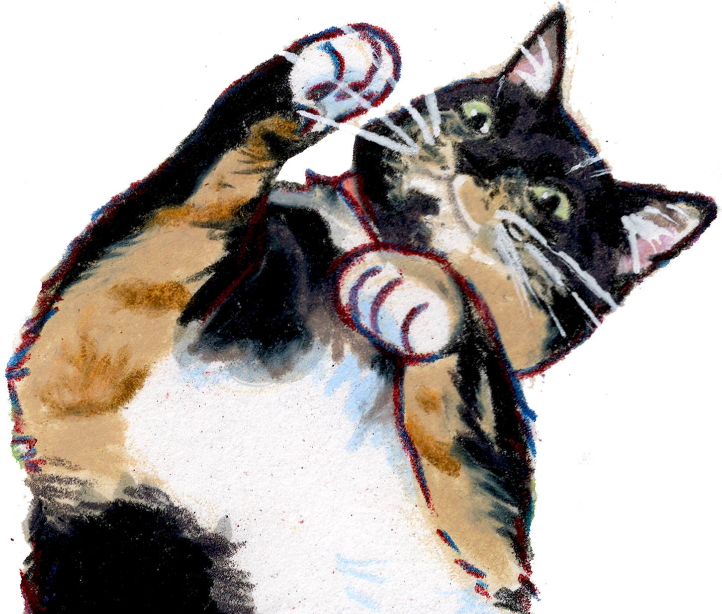 Illustration of a calico cat swatting a ball of yarn